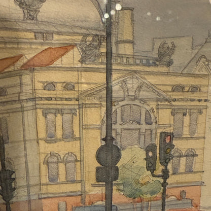 Akvarel tegning af Nationalteatret Oslo, fra 1989. Signeret.