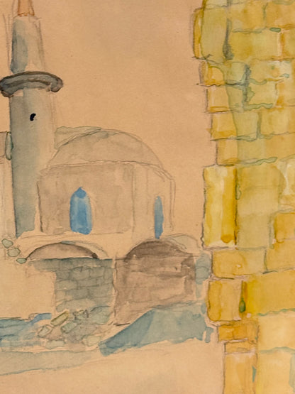 Erik Cohrt (f.1902-1970.) Akvarel maleri af bymotiv, Rhodos. Fra 1964