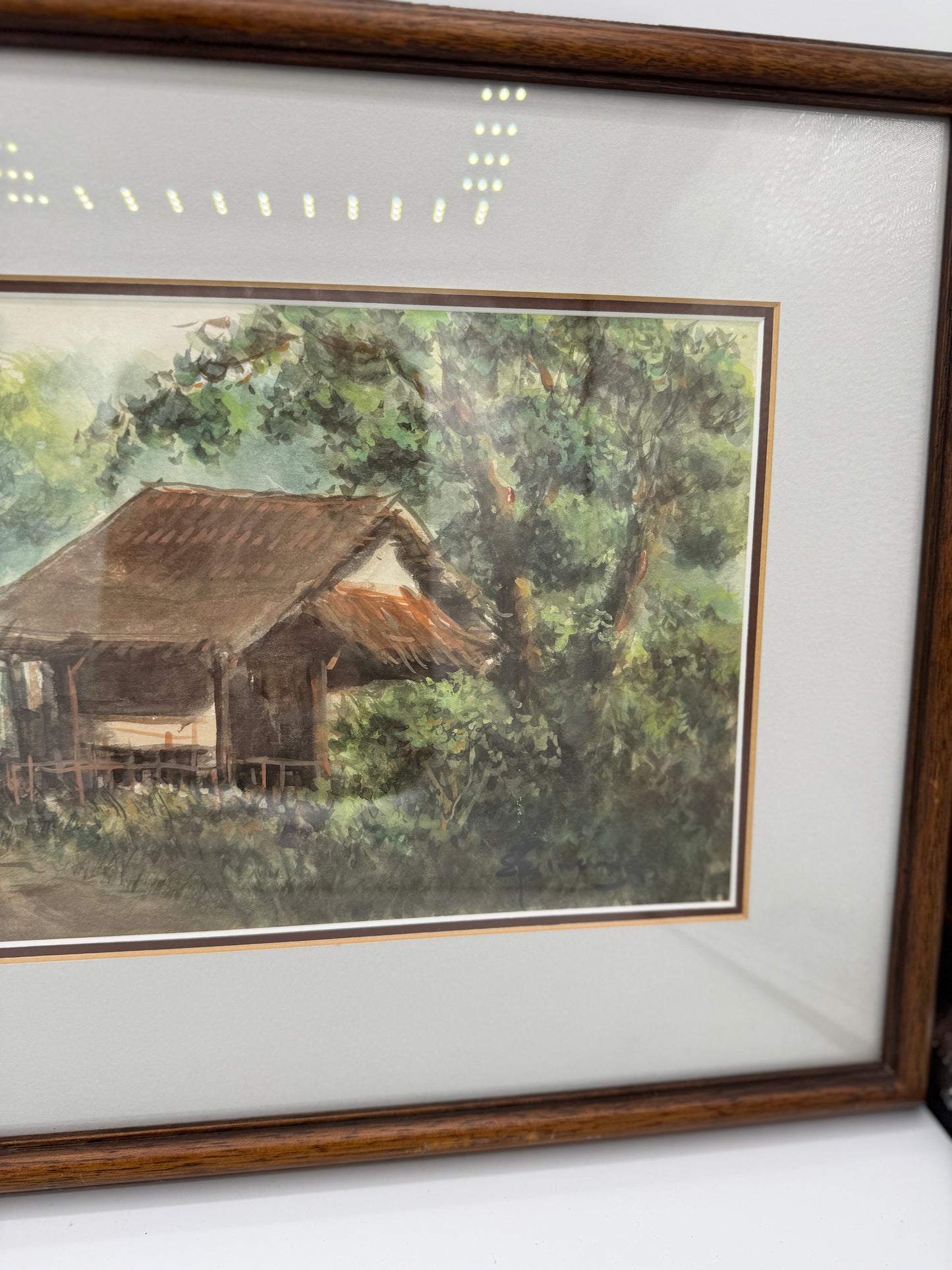 Impressionistisk akvarel af landsbyhytte med figur. Indonesien. Slut 20. Årh. Signeret