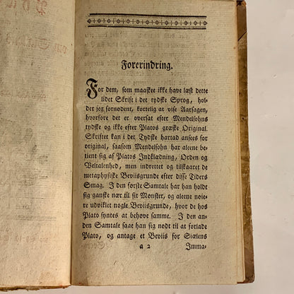 Moses Mendelsohn. Phadon. Antikvarisk bog. 1.Udgave. 1.Oplag. Fra 1779.