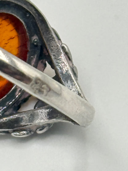 Vintage skønvirkestil Rav & Sterlingsølv ring. Gstad, Polen. Fra 1980érne