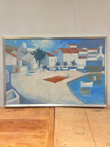 Arnulf 61. Cubist oil painting of a Mediterranean port city, from 1961.