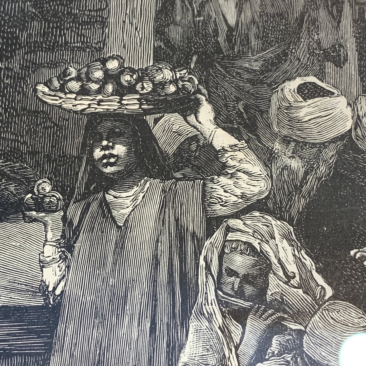 Antique Danish woodcut. Bazaar in Cairo. From 1881.