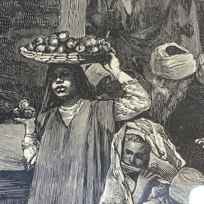 Antique Danish woodcut. Bazaar in Cairo. From 1881.