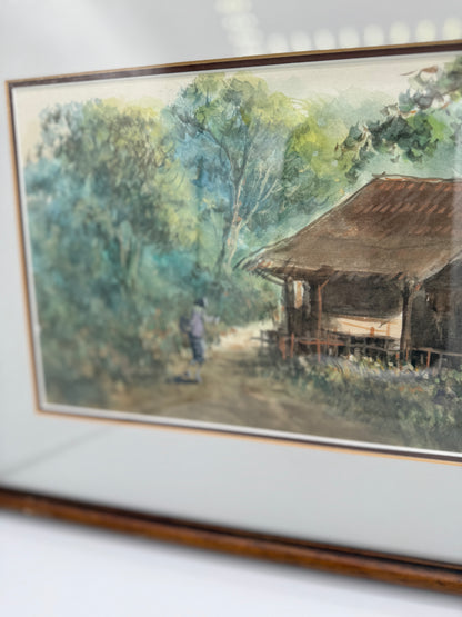 Impressionistisk akvarel af landsbyhytte med figur. Indonesien. Slut 20. Årh. Signeret