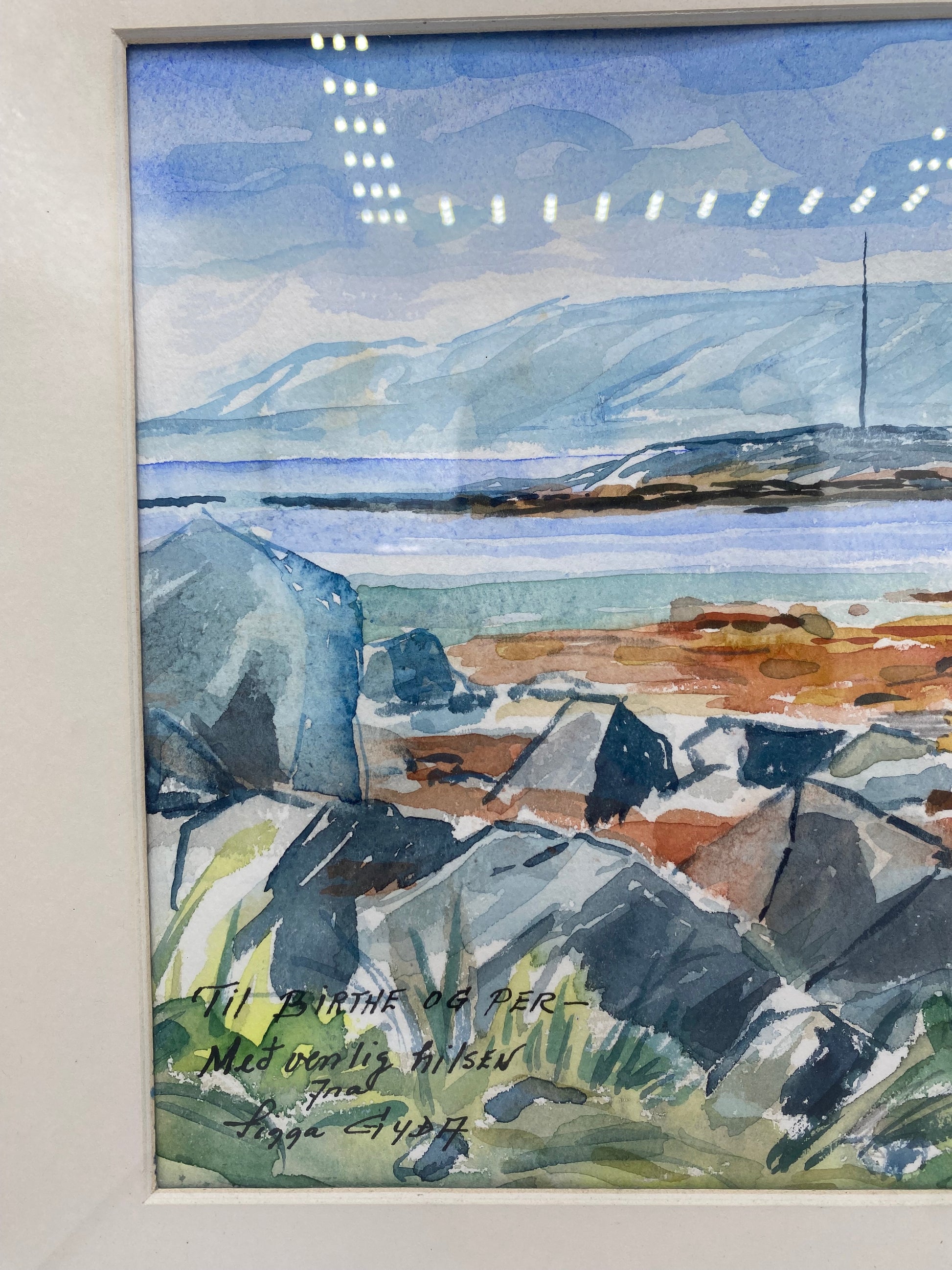 Sigga Gyda. Impressionistisk akvarel af islandsk kystlandskab med fyrtårn. Island. Fra 1981