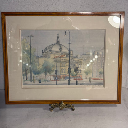 Et akvarel tegning af Nationalteatret i Oslo fra 1989. Tegningen er signeret og viser en bygning i Oslo