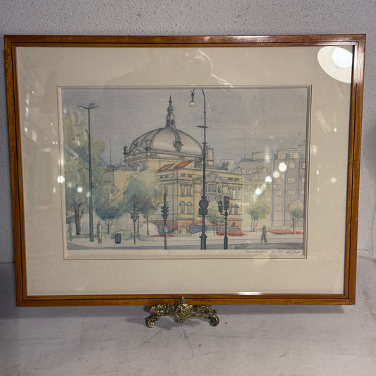 Et akvarel tegning af Nationalteatret i Oslo fra 1989. Tegningen er signeret og viser en bygning i Oslo