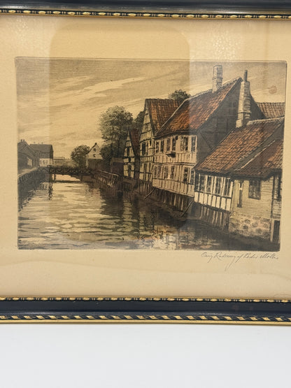 Peder Møller (f.1890–1961) håndkoloreret Radering af Huse ved Å, Horsens. Fra start 20.Årh