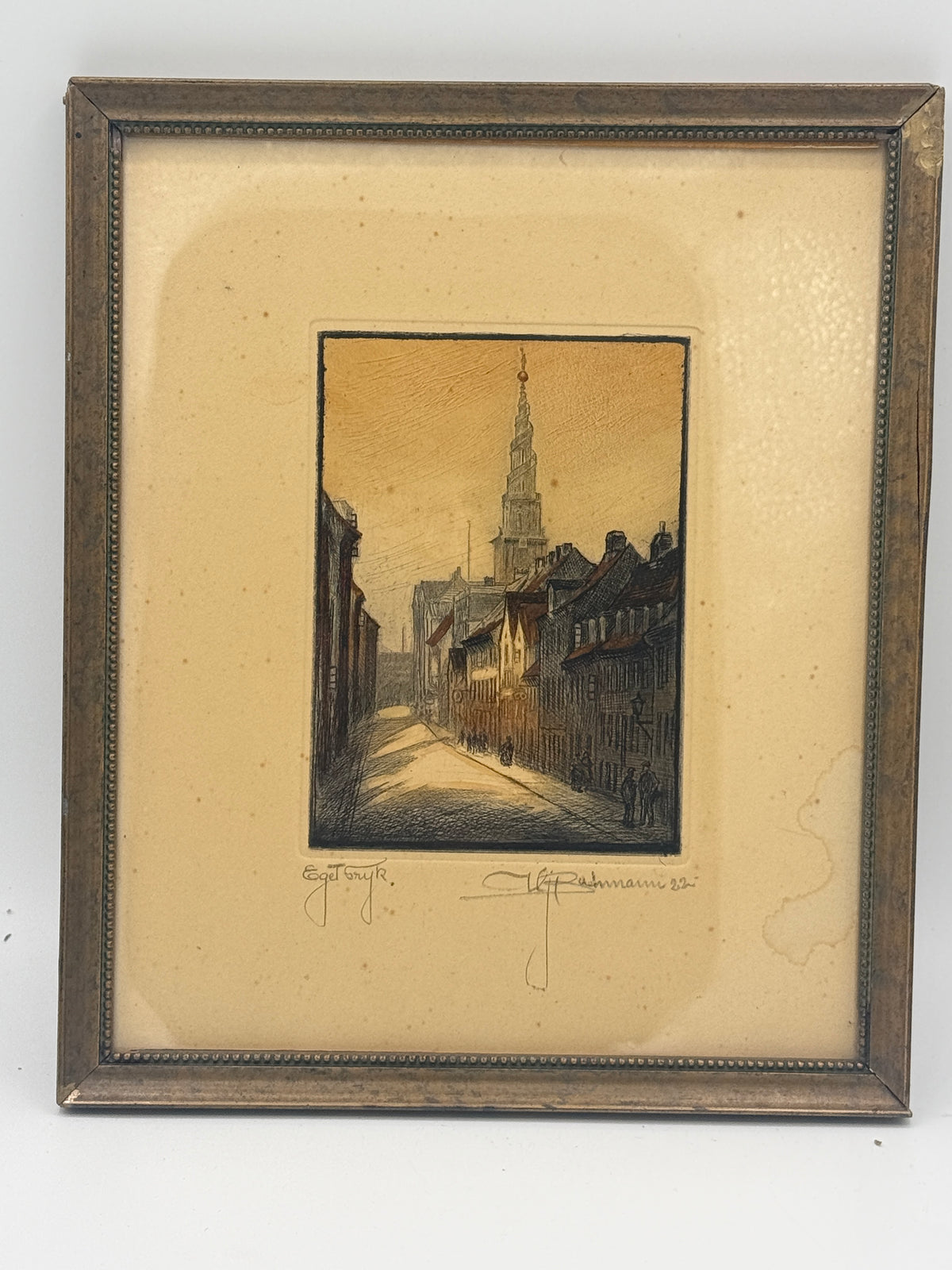 Hjalmar Bachmann (f.1880–1940) Håndkoloreret Radering af Vor Frelsers kirke, København. Fra 1922