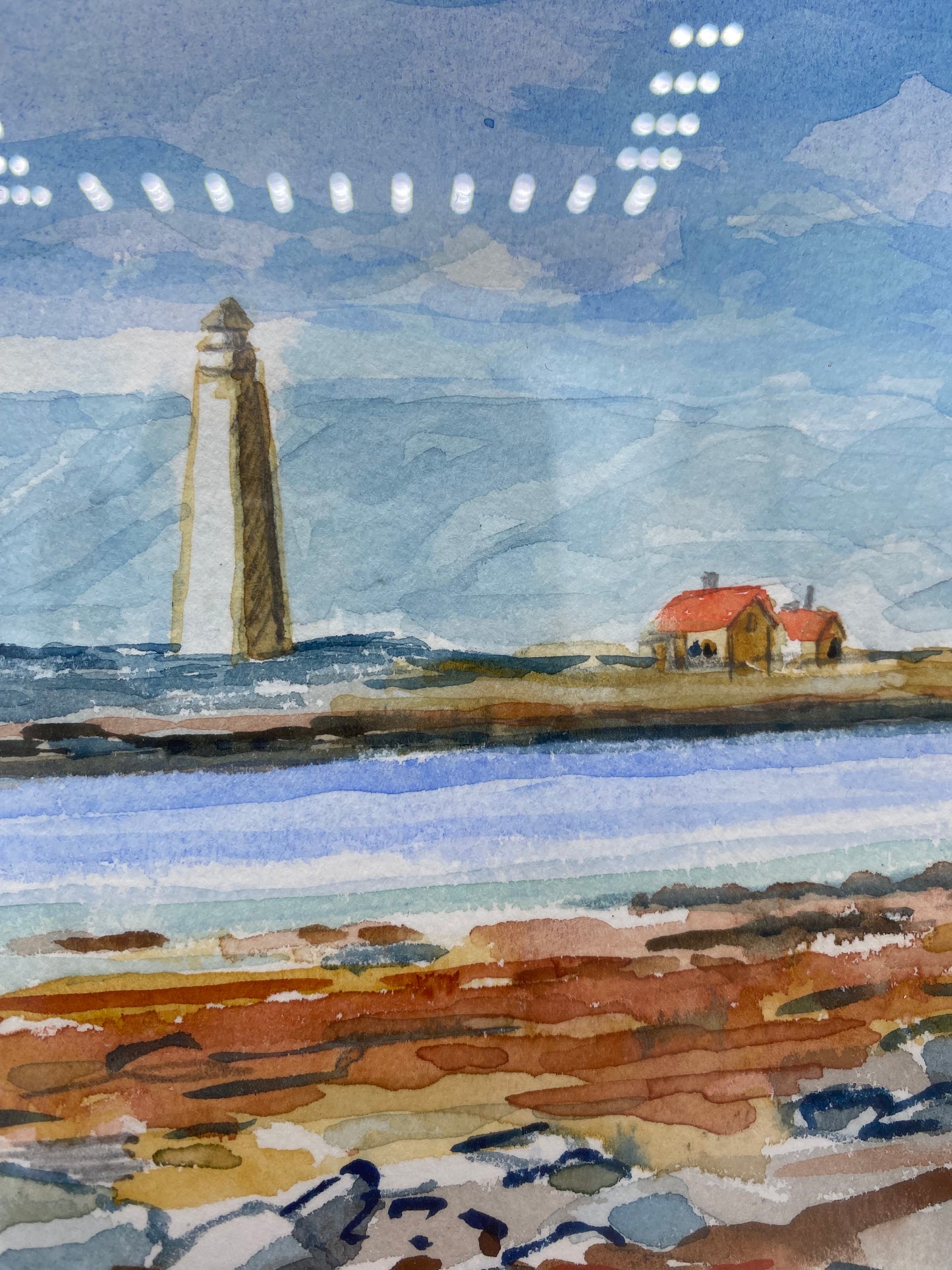 Sigga Gyda. Impressionistisk akvarel af islandsk kystlandskab med fyrtårn. Island. Fra 1981