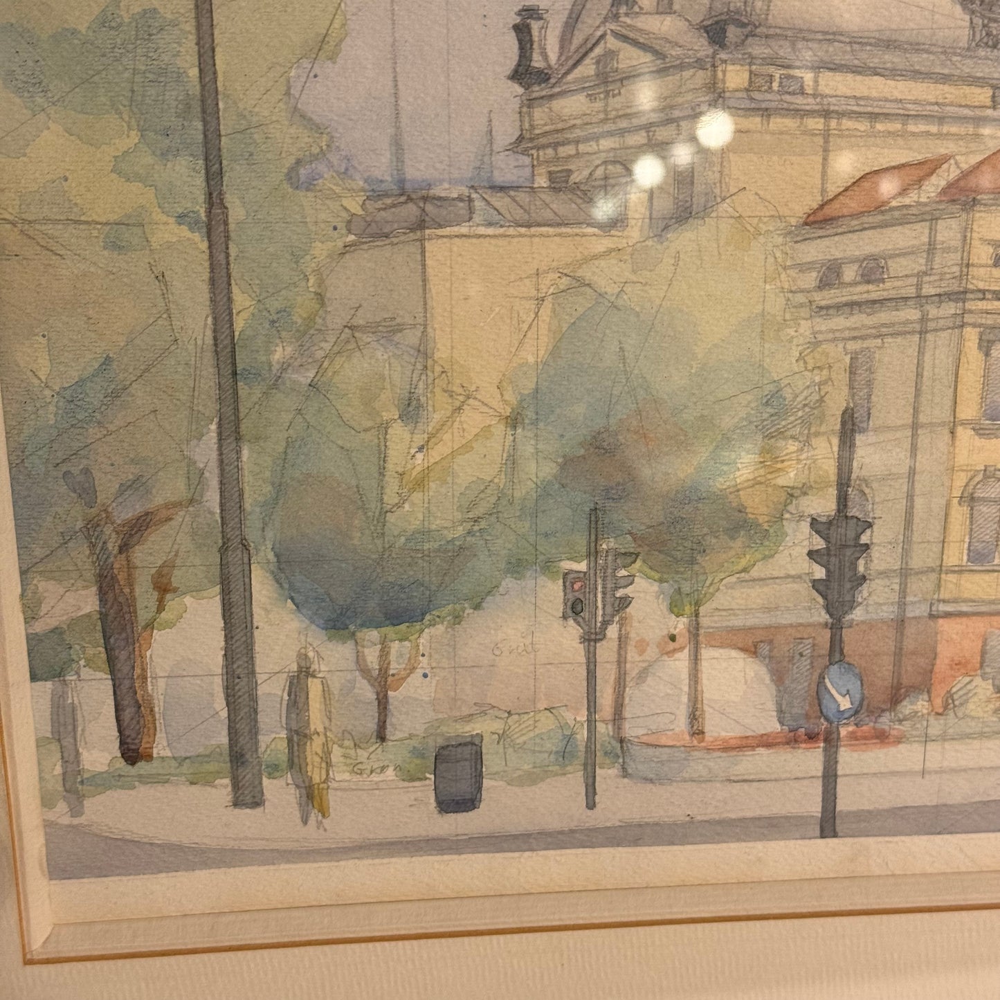 Akvarel tegning af Nationalteatret Oslo, fra 1989. Signeret.