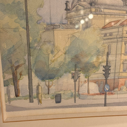 Akvarel tegning af Nationalteatret Oslo, fra 1989. Signeret.