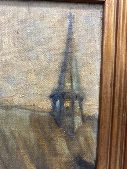 Ove Carl Svenson (f. 1880-1976). Sct. Olai Kirke set fra Sofiegade, Helsingør. Ekspressionistisk oliemaleri. Danmark. Fra 1925.