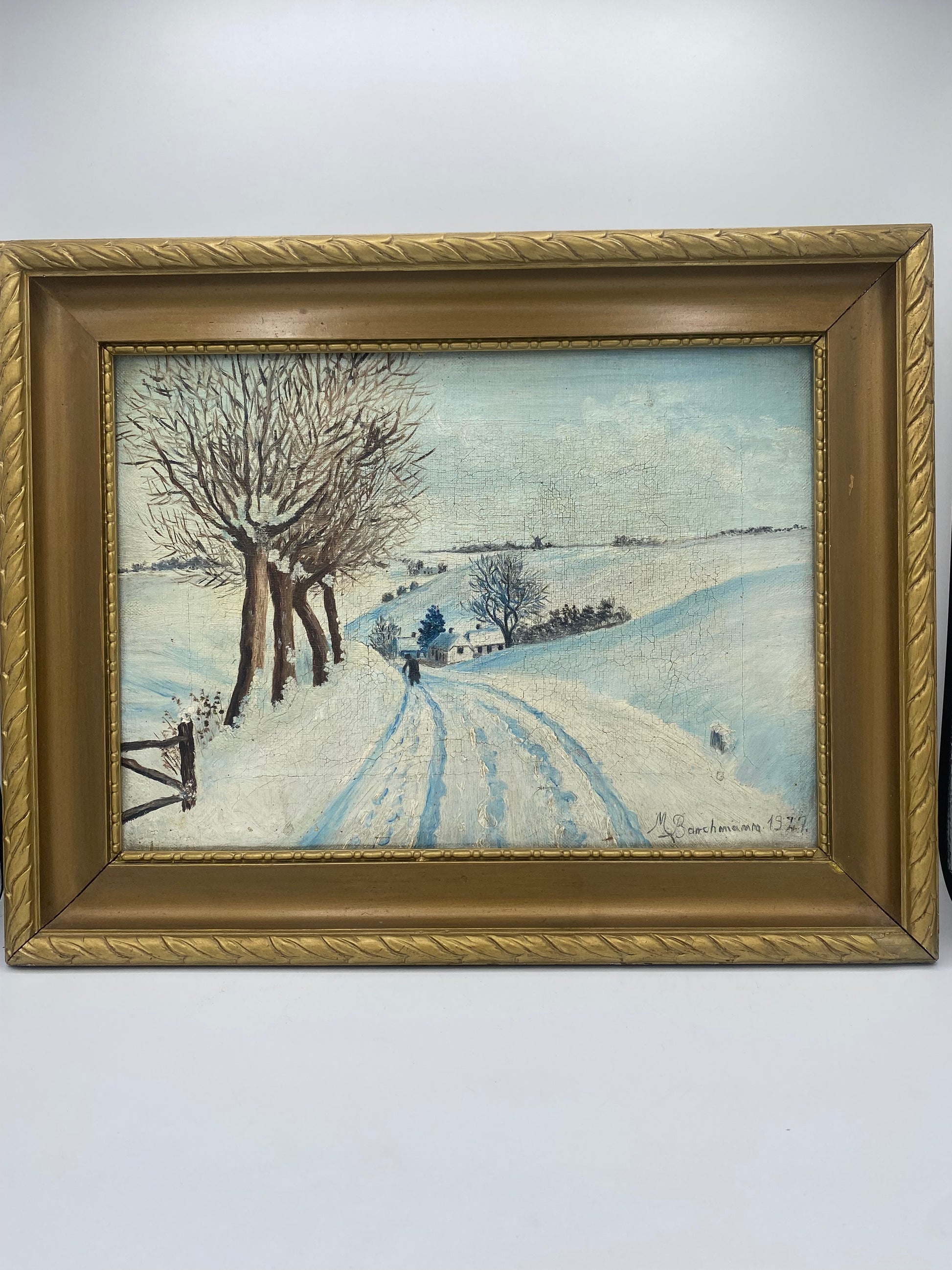 M. Barchmann. Naturalistisk oliemaleri af vinterlandskab med gående figur. Danmark. Fra 1927