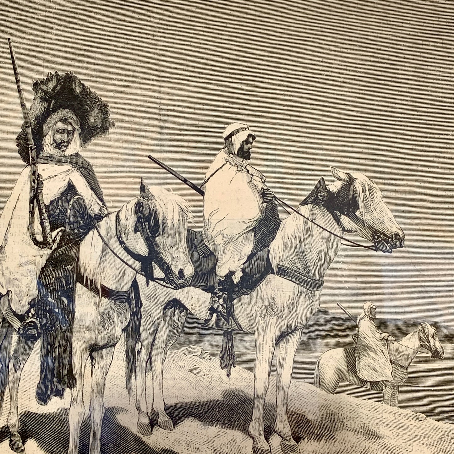 Antique Danish woodcut. Tunisians at Outpost. From 1881.