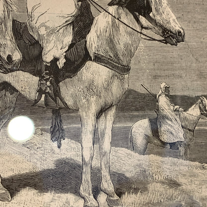 Antique Danish woodcut. Tunisians at Outpost. From 1881.