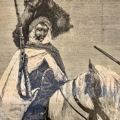 Antique Danish woodcut. Tunisians at Outpost. From 1881.