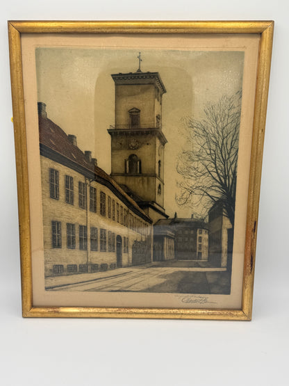 Charles Hansen. Radering af Vor Frue Kirke, København. Fra start 20.Årh