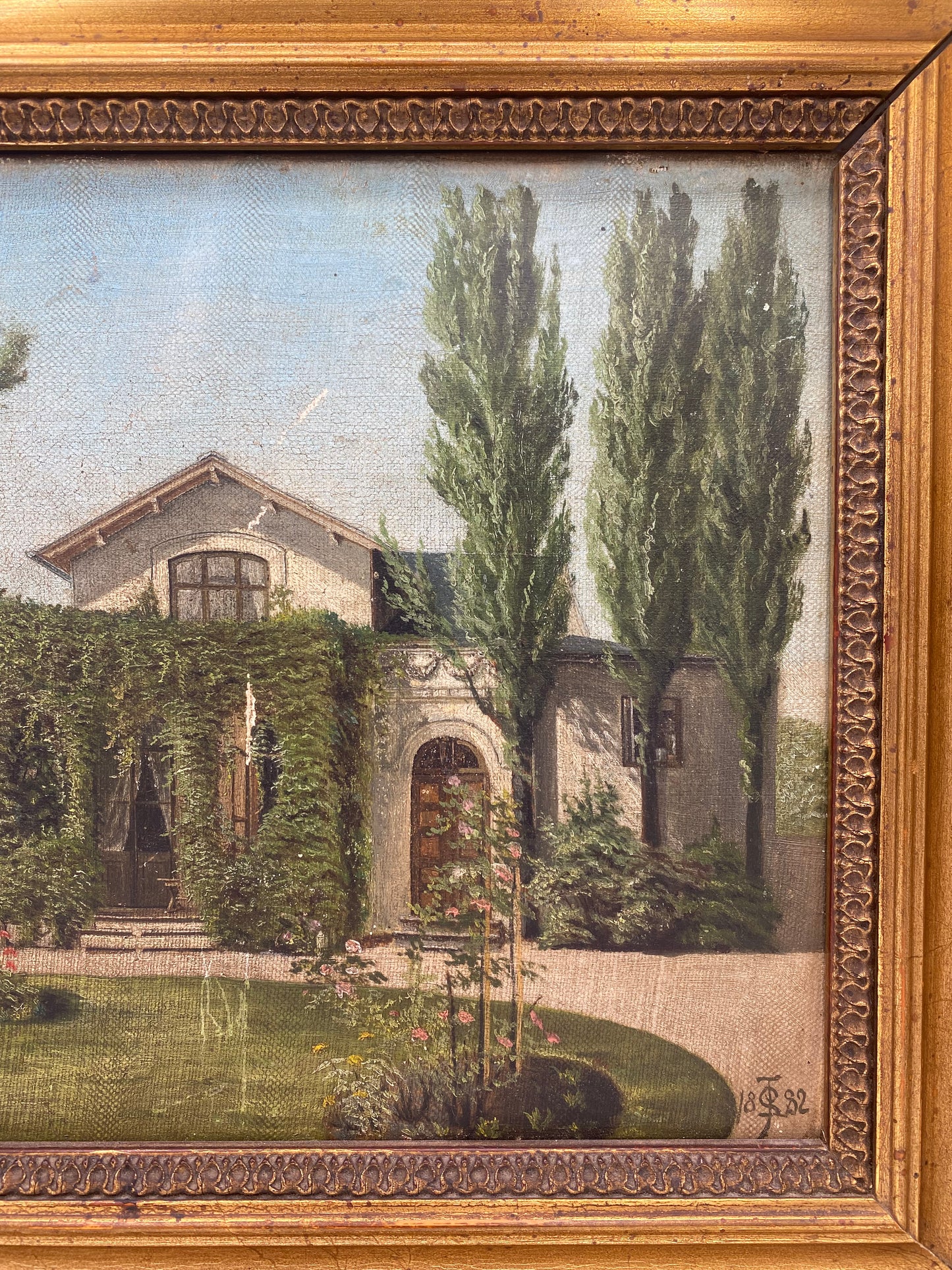Frederiksberg villa. Naturalistisk oliemaleri. Danmark. 1882. Monogramsigneret.