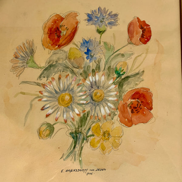 Erik Brønsdorff von Deden (f.1909-1991) Blomster akvarel fra 1945.