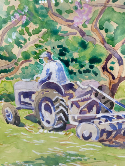 Impressionistisk akvarel af traktor i blomstrende frugthave. Dansk. Midt 20. årh. Usigneret
