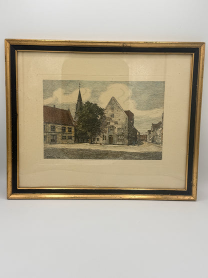Axel Holm(f.1861-1935.) håndkoloreret Radering af Tønder torv. Fra 1920