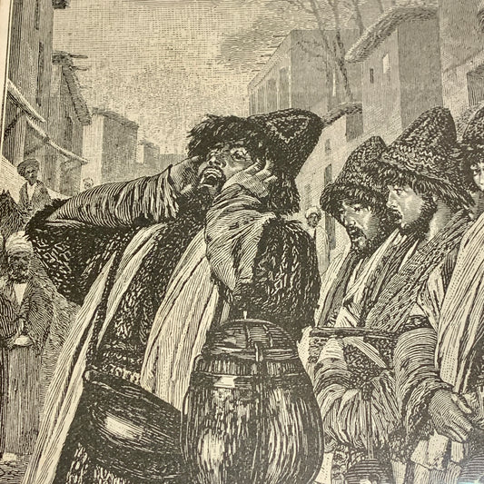 Antik dansk træsnit. Syngende Dervischer. Fra 1887.