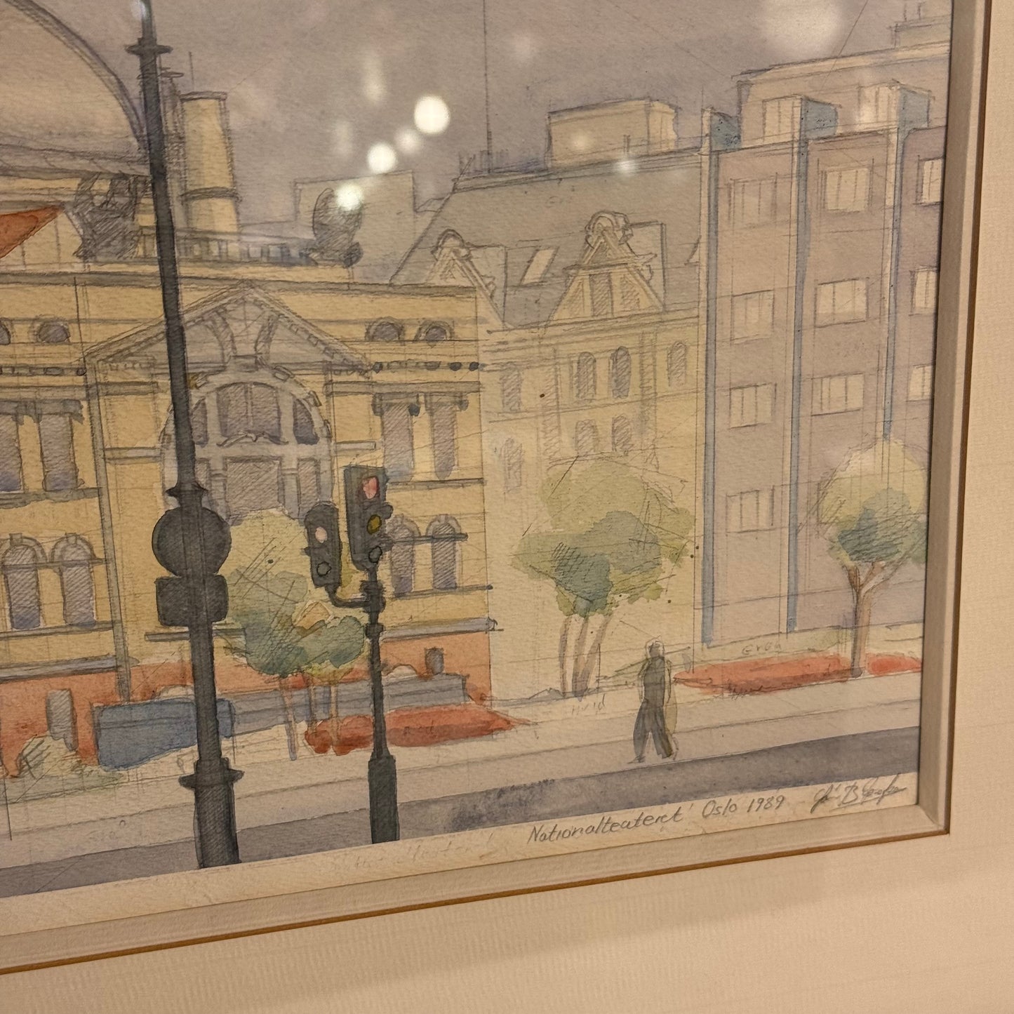 Akvarel tegning af Nationalteatret Oslo, fra 1989. Signeret.