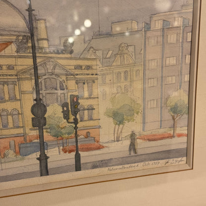 Akvarel tegning af Nationalteatret Oslo, fra 1989. Signeret.