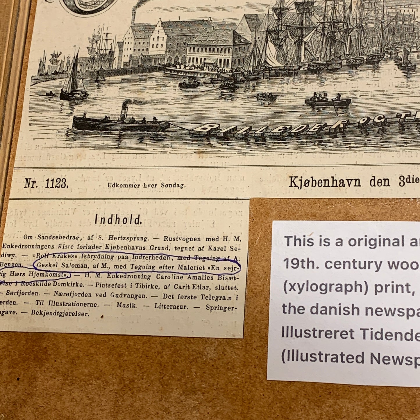 Antik dansk træsnit. En sejrrig Hærs Hjemkomst. Fra 1881.