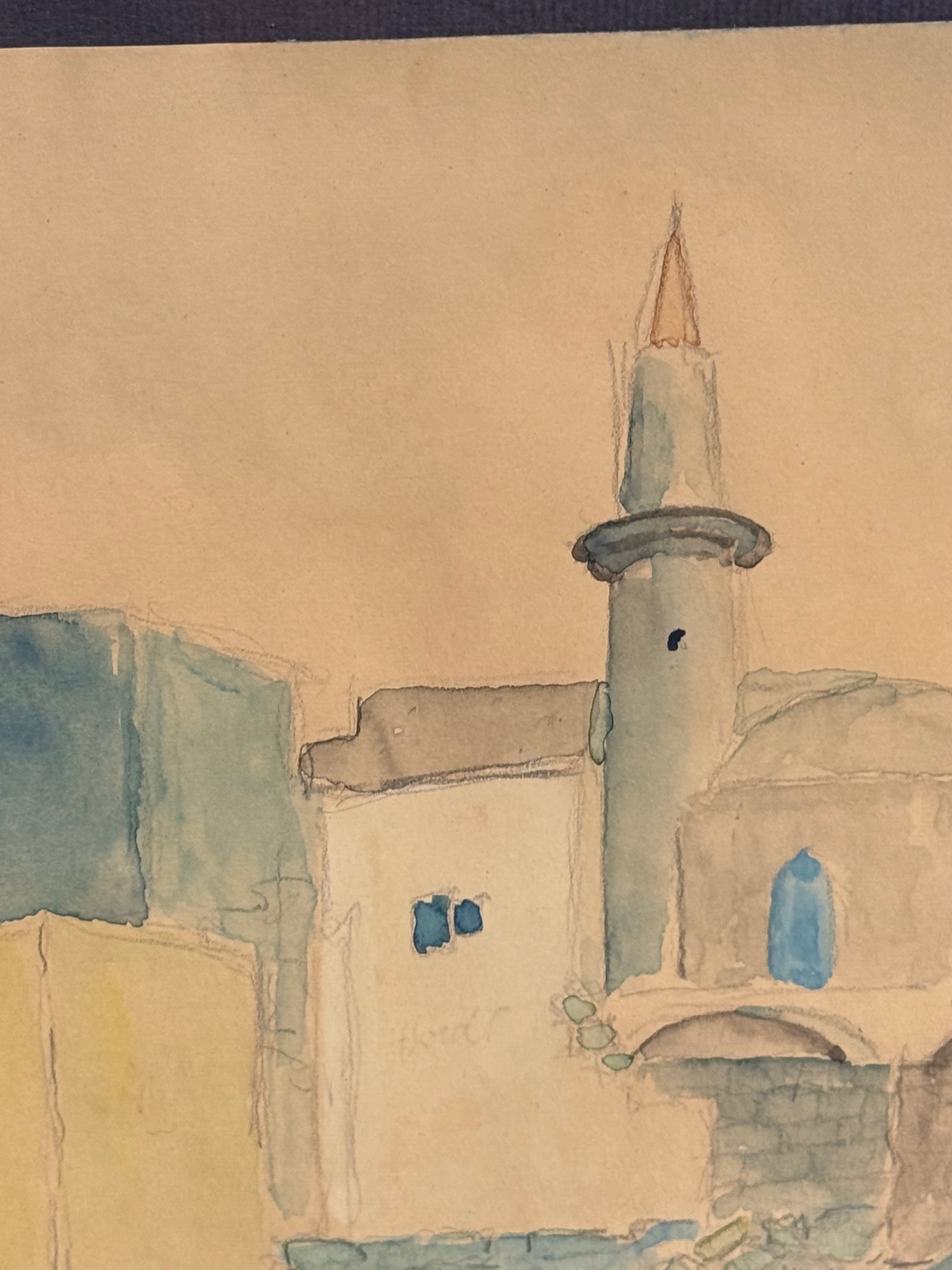 Erik Cohrt (f.1902-1970.) Akvarel maleri af bymotiv, Rhodos. Fra 1964