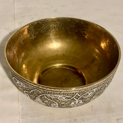 Antique Arabic/Persian silver and brass bowl, from the 1800s.