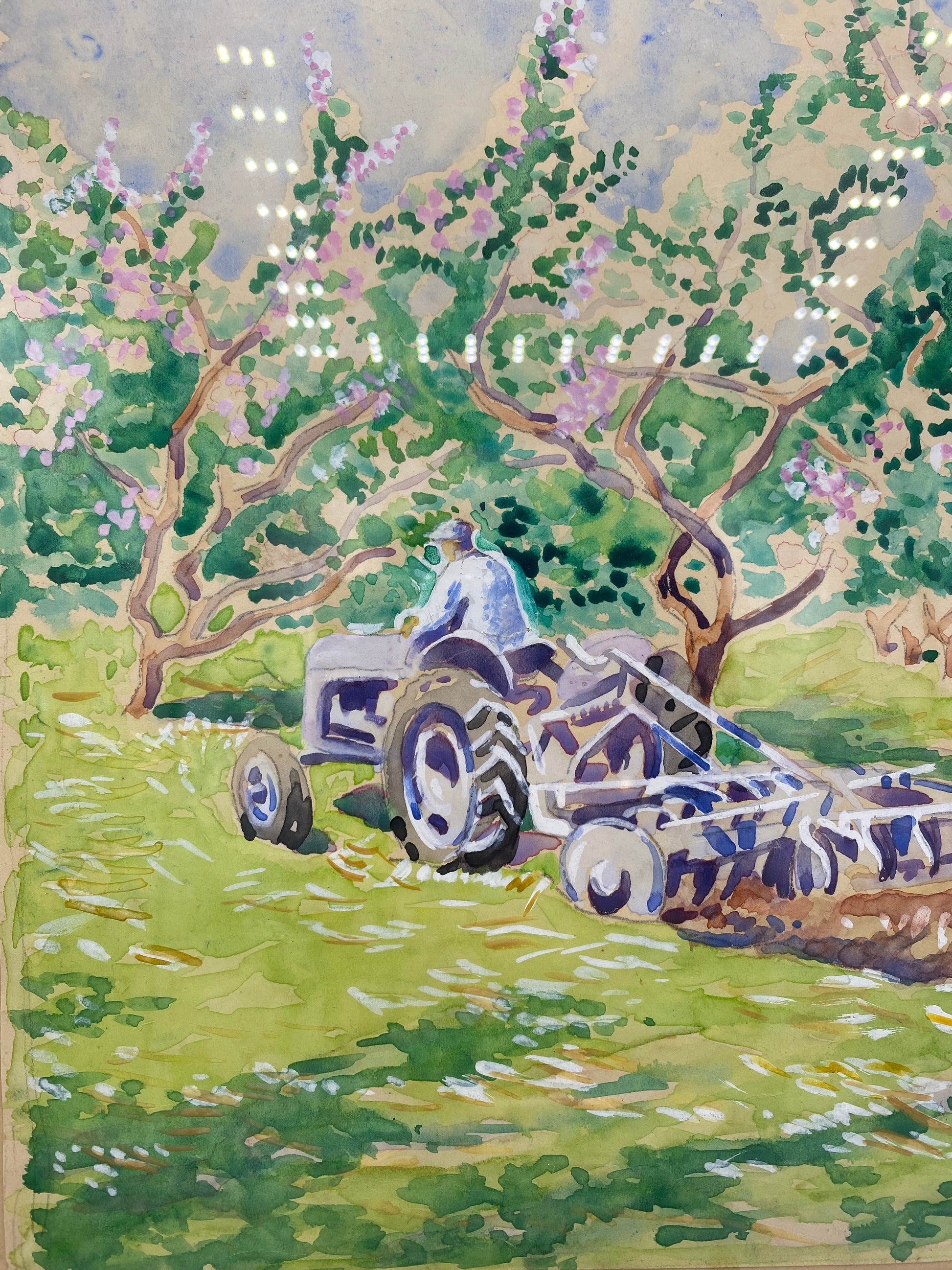 Impressionistisk akvarel af traktor i blomstrende frugthave. Dansk. Midt 20. årh. Usigneret