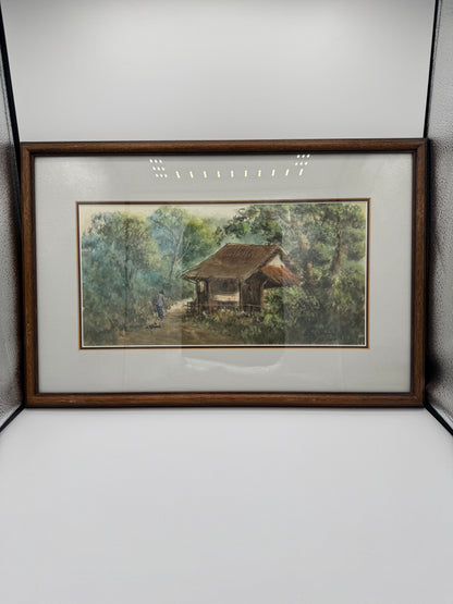 Impressionistisk akvarel af landsbyhytte med figur. Indonesien. Slut 20. Årh. Signeret