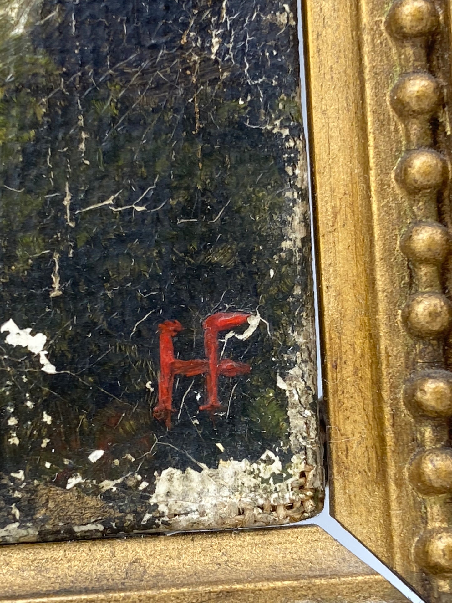 Skovparti ved Hammershus. Nationalromantisk oliemaleri. Danmark. Start/midt 1800-tallet. Monogramsigneret HF