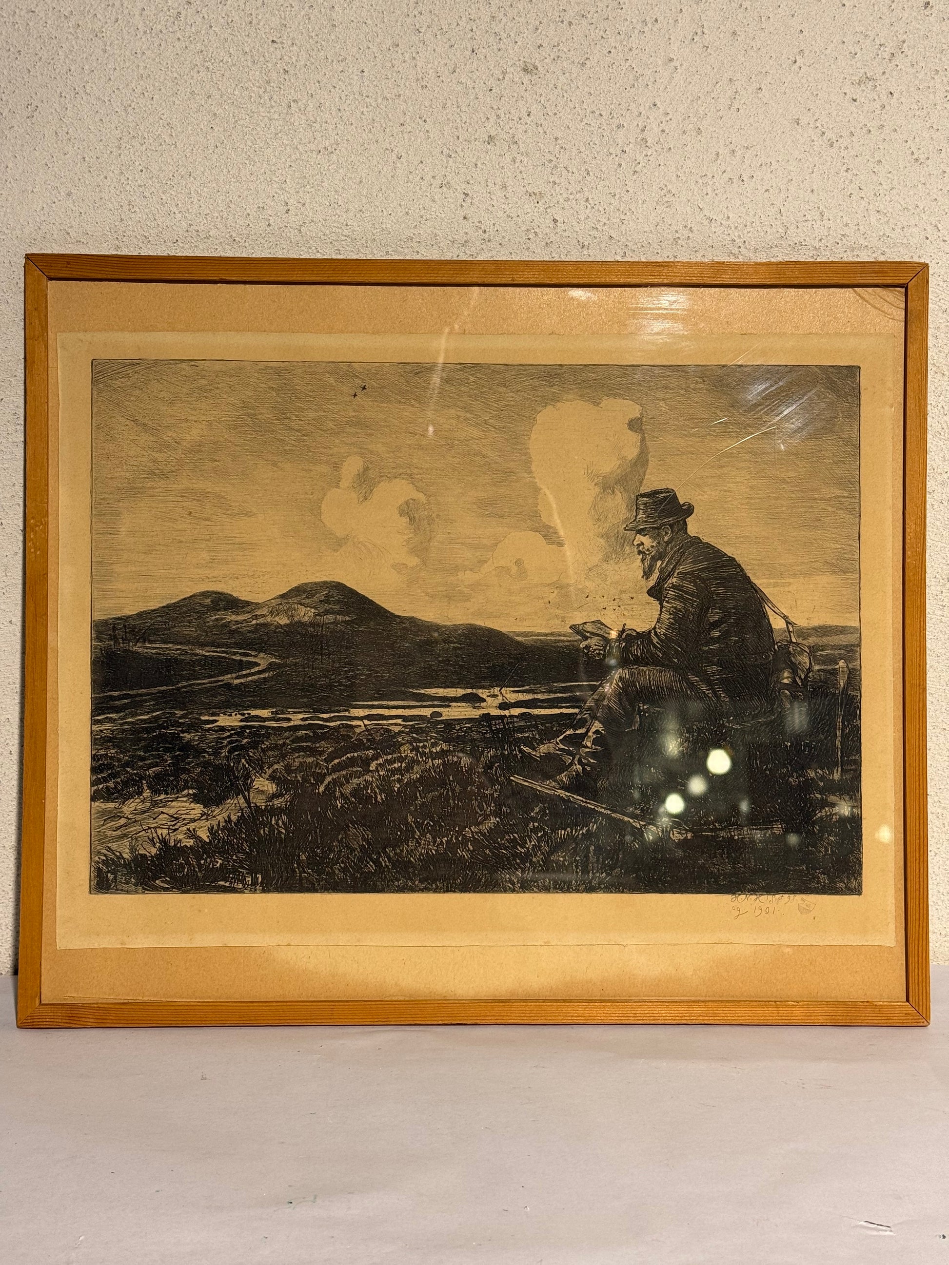 Hans Nikolaj Hansen (f.1853-1923) Radering. Jæger på heden. Slut 19./Start 20.Årh