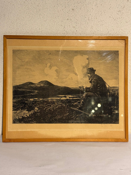 Hans Nikolaj Hansen (f.1853-1923) Radering. Jæger på heden. Slut 19./Start 20.Årh