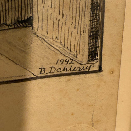 Benjamin Dahlerup (1898–1959) original blæk illustration tegning af Rømøgaarden (Frilandsmuseet.) Fra 1942.