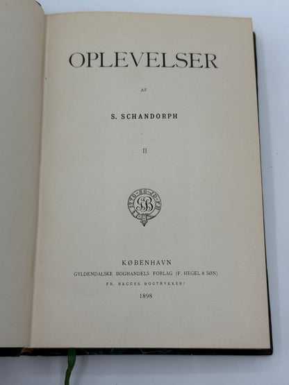 OPLEVELSER. Af S. SCHANDORPH. Antikvarisk dansk bog. 1.Udgave. 1.Oplag. Fra 1898