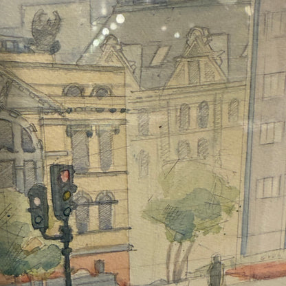 Akvarel tegning af Nationalteatret Oslo, fra 1989. Signeret.