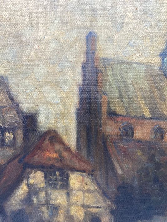 Ove Carl Svenson (f. 1880-1976). Sct. Olai Kirke set fra Sofiegade, Helsingør. Ekspressionistisk oliemaleri. Danmark. Fra 1925.