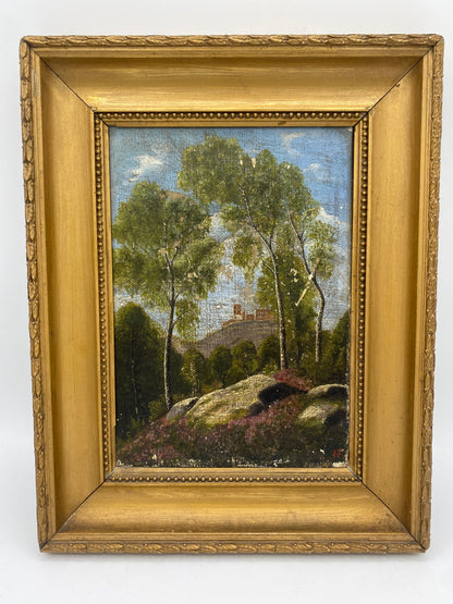 Skovparti ved Hammershus. Nationalromantisk oliemaleri. Danmark. Start/midt 1800-tallet. Monogramsigneret HF