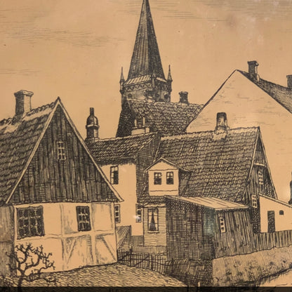Otto Holm (f.1879-1966) Radering af Vejle med Skt. Nicolai kirke, fra 1937.