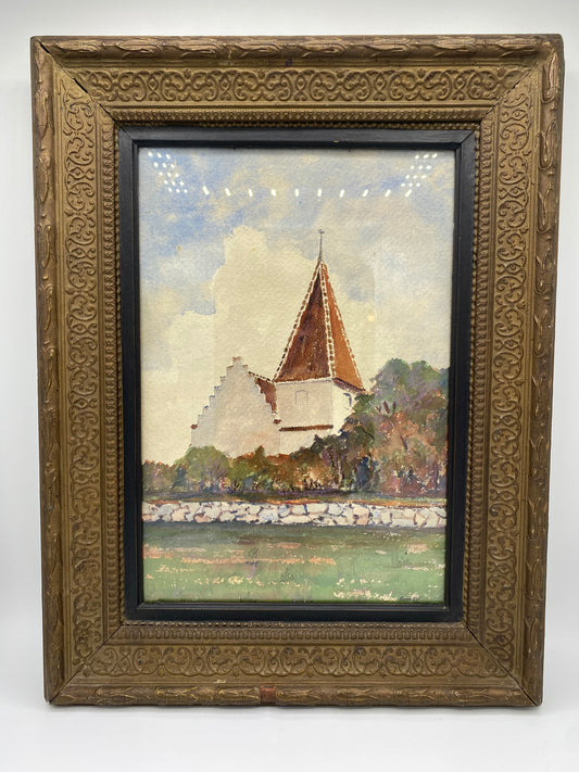 A.D. Lehm. Naturalistisk akvarel af dansk landsbykirke. Fra 1925. Signeret