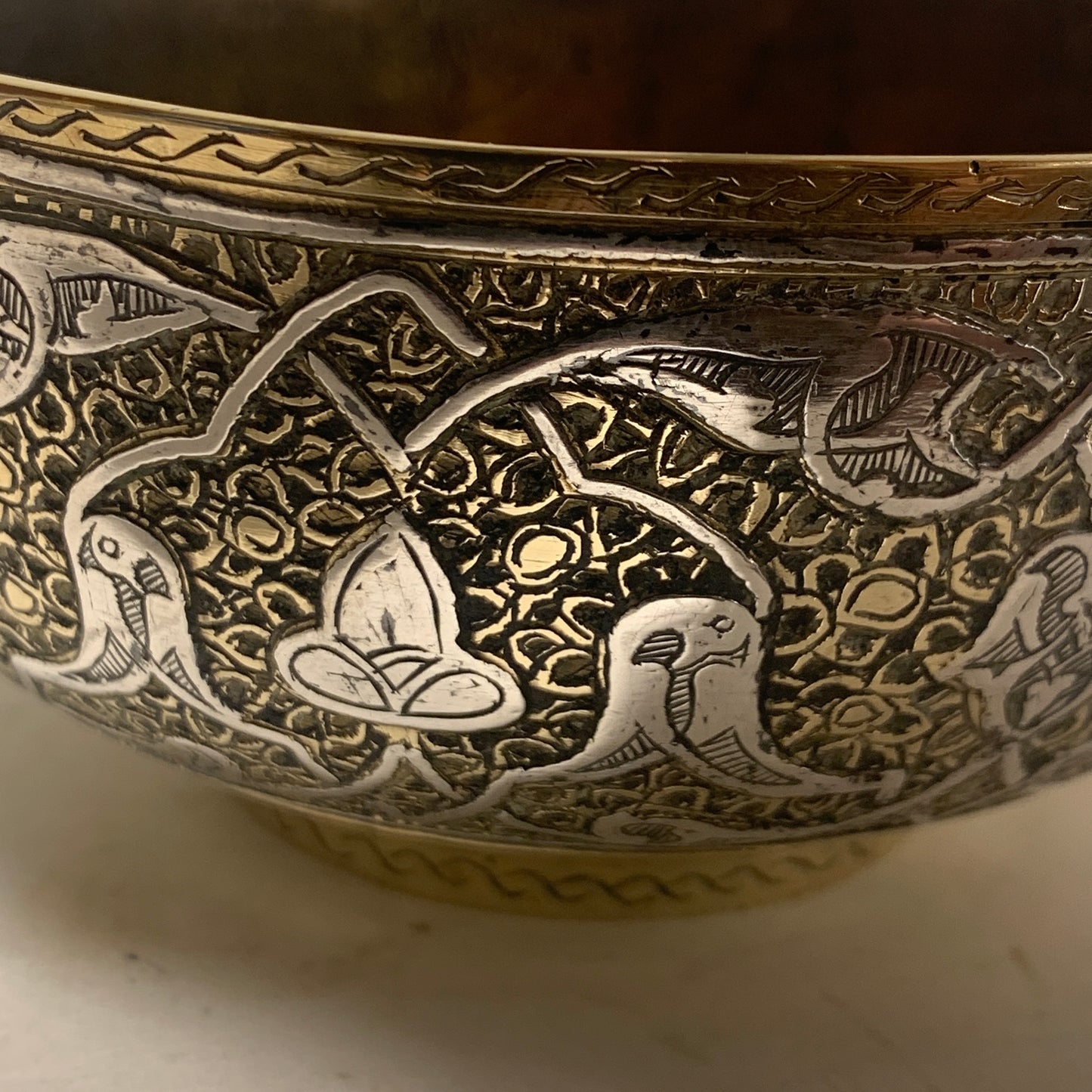 Antique Arabic/Persian silver and brass bowl, from the 1800s.
