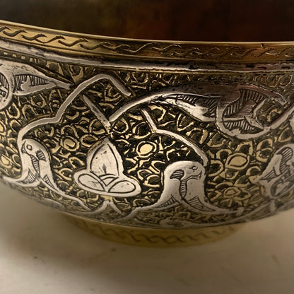 Antique Arabic/Persian silver and brass bowl, from the 1800s.
