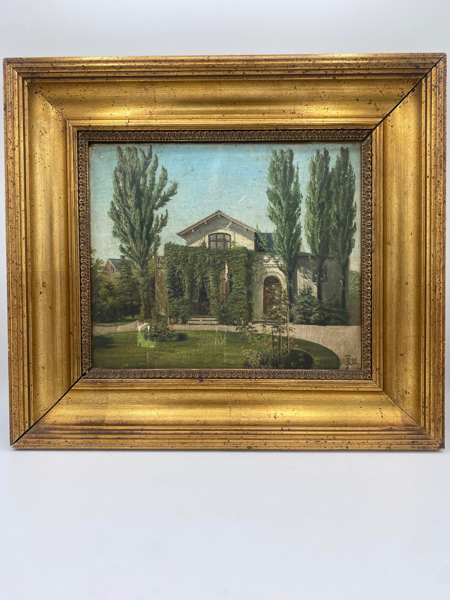 Frederiksberg villa. Naturalistisk oliemaleri. Danmark. 1882. Monogramsigneret