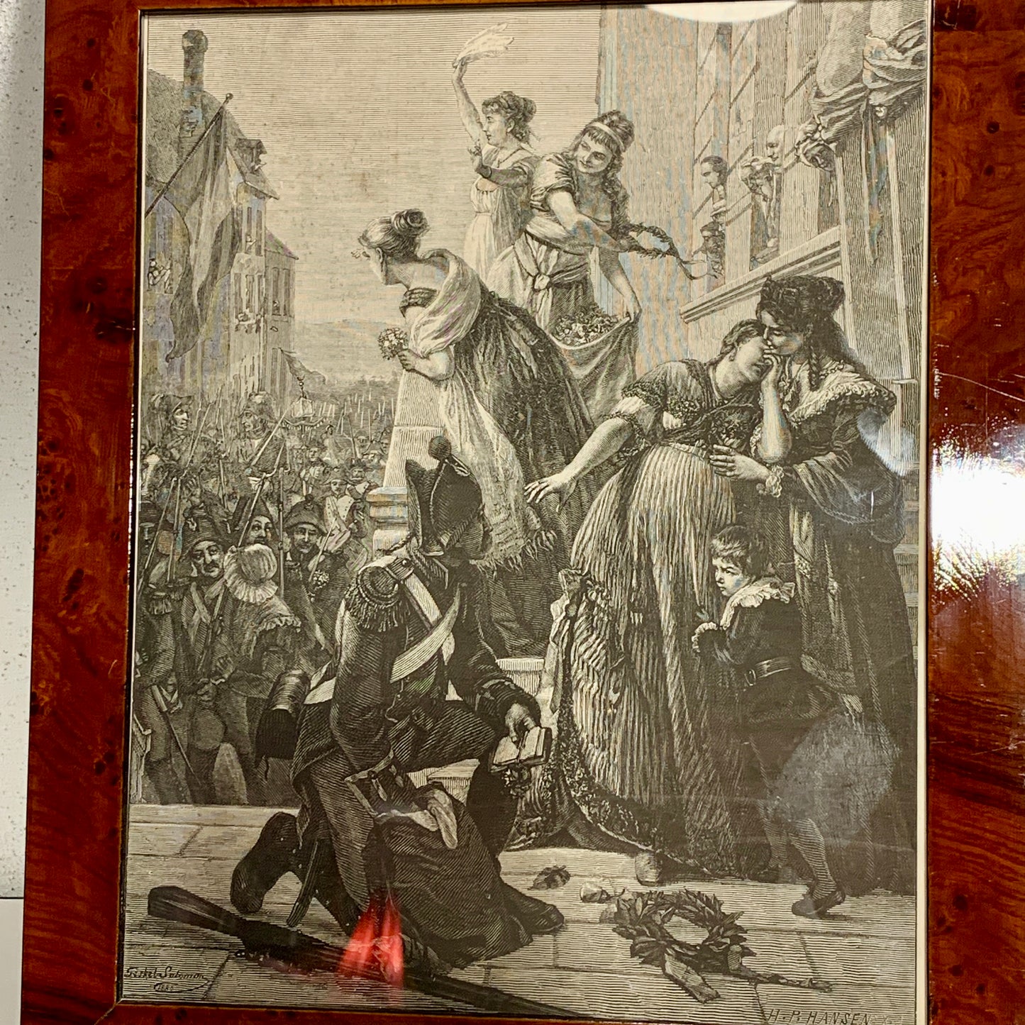 Antik dansk træsnit. En sejrrig Hærs Hjemkomst. Fra 1881.