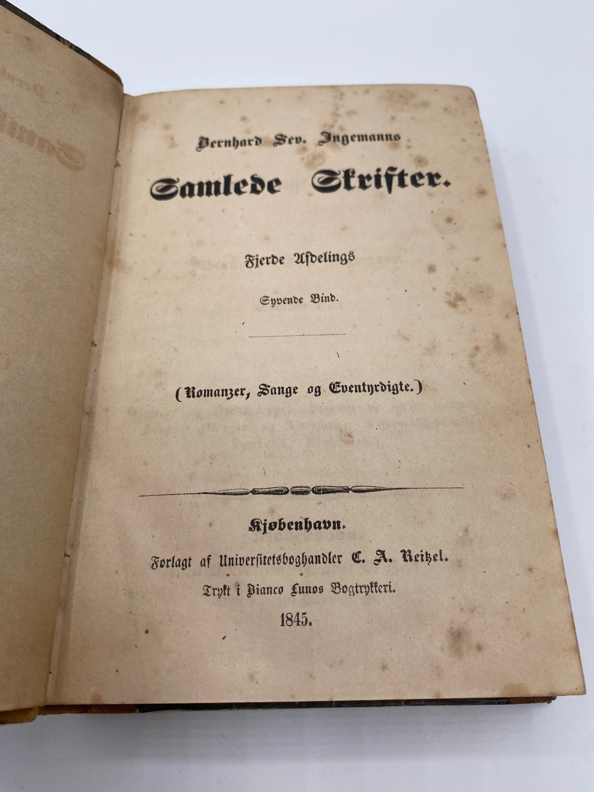 Samlede Romanzer, Sange og Eventyrdigte. Af Bernhard Sev. Ingemann. 7. Og 8. Bind. Antikvarisk dansk bog. 1. Udgave. 1. Oplag. Fra